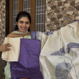 Raw silk Purple top, Cream pant, Assam silk shawl