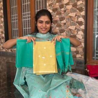 Butter yellow with Rama green cotton handloom set