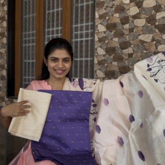 Purple top, Cream pant, Pichwai printed Assam silk shawl