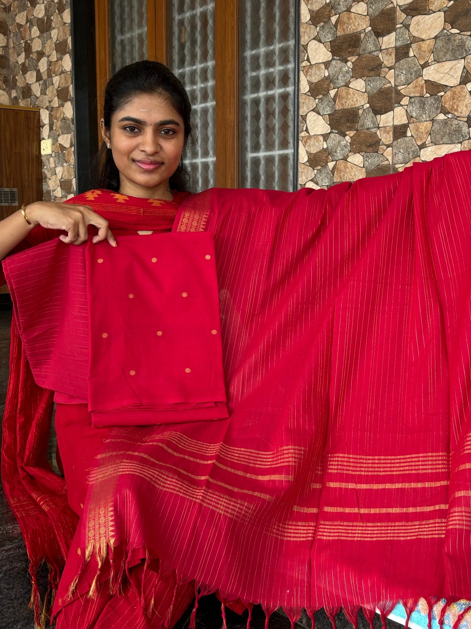 Premium Red cotton Zari butta suit