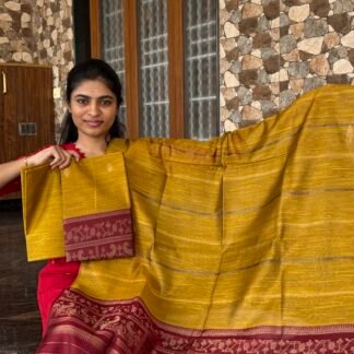 Yellow with maroon processed raw silk set
