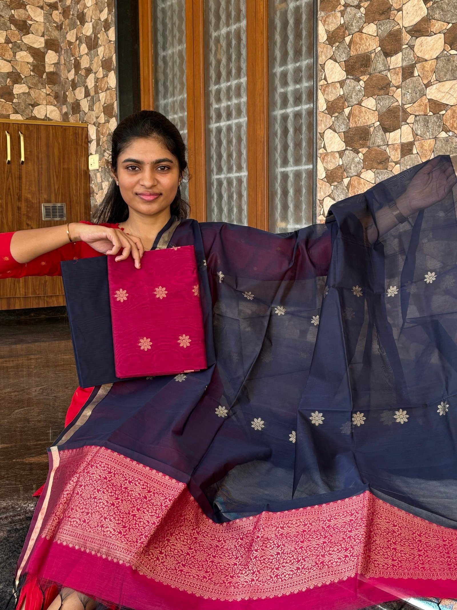 Pink with Navy silk cotton(MS04)