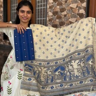 Blue raw silk top with Madhubani dupatta