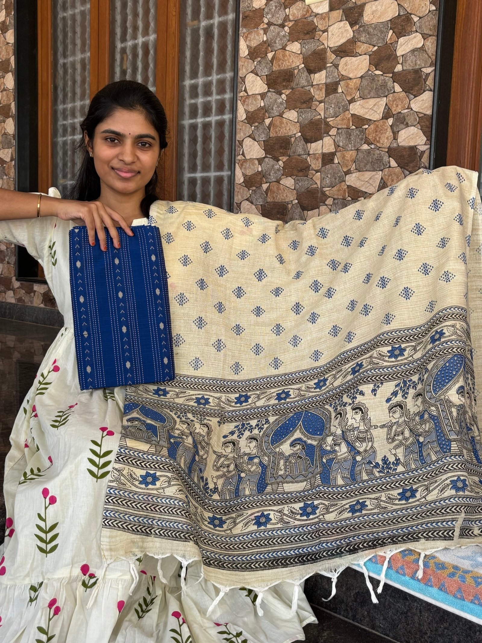 Blue raw silk top with Madhubani dupatta