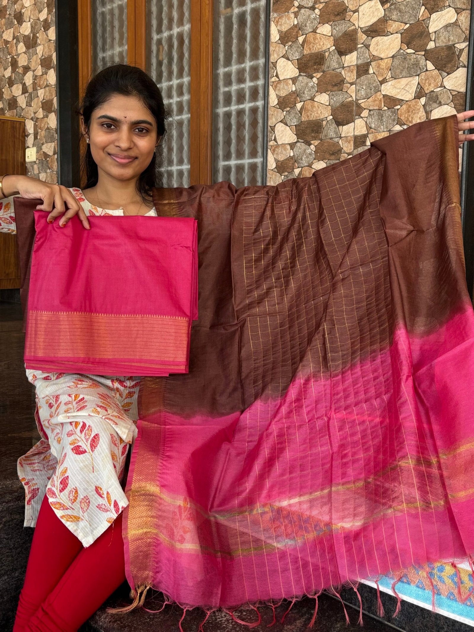Pink with Brown Mangalagiri silk set