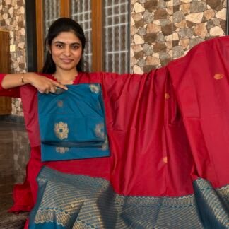 Blue and red kolam soft silk