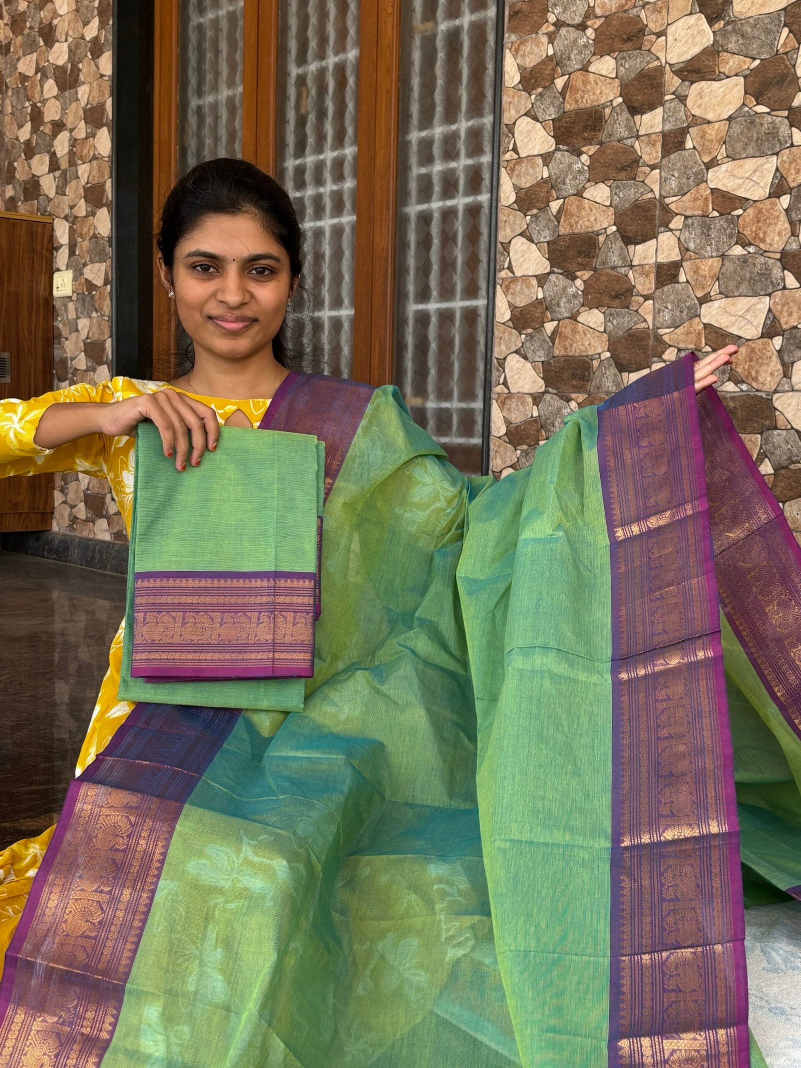 Sea green with Purple Kanchi cotton